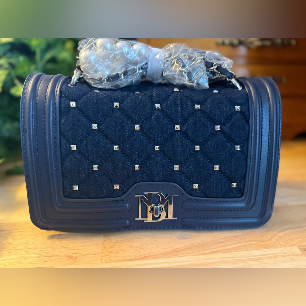 Badgley Mischka Denim Studded Crossbody Bag Navy Quilted Chain Strap NWT